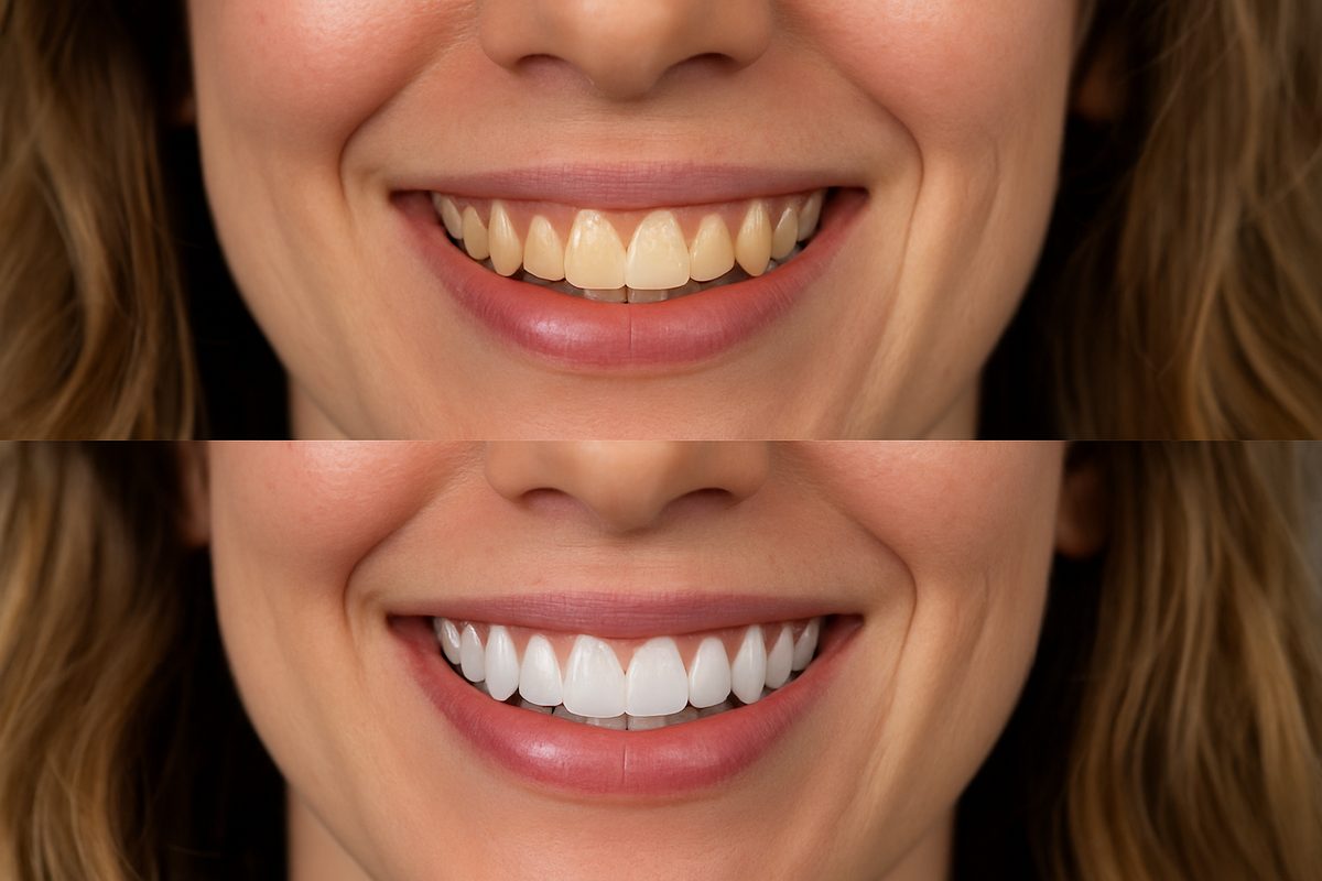 A beautiful smile transformation after receiving porcelain veneers at a Merrick, NY, dental office. Before and after image. No text on image.
