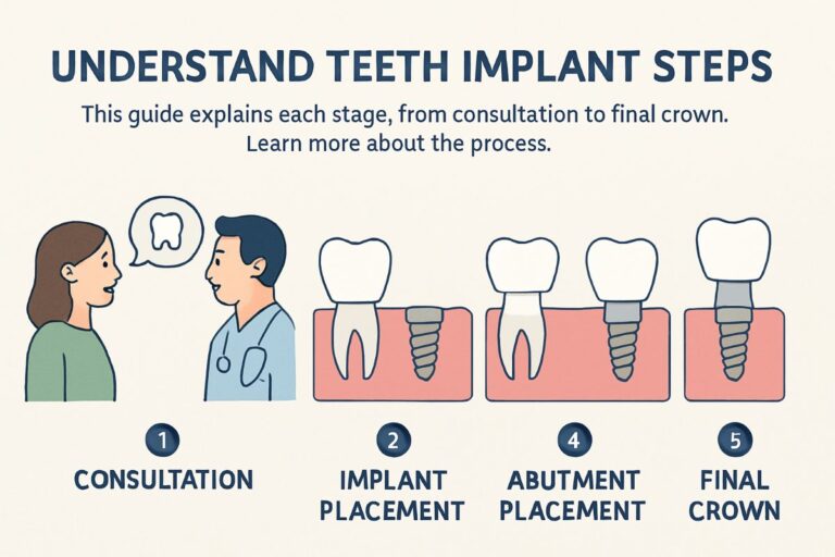 A step-by-step diagram illustrating the "teeth implant steps" process, from initial consultation and evaluation to the final restoration of the abutment and crown. No text on image.