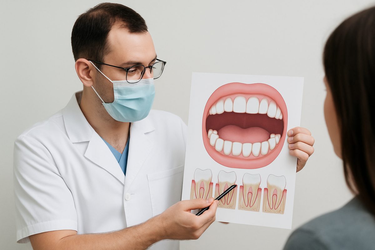 Photo showcasing a dentist pointing to a chart of a patient's mouth, explaining the different stages of perio.. No text on the image.