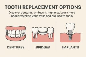 A diverse group of people smiling, showcasing different tooth replacement options: dentures, bridges, and implants. The image should highlight the natural look and feel of each option. No text on the image.