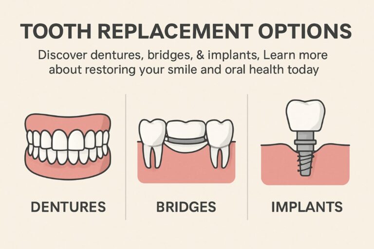 A diverse group of people smiling, showcasing different tooth replacement options: dentures, bridges, and implants. The image should highlight the natural look and feel of each option. No text on the image.