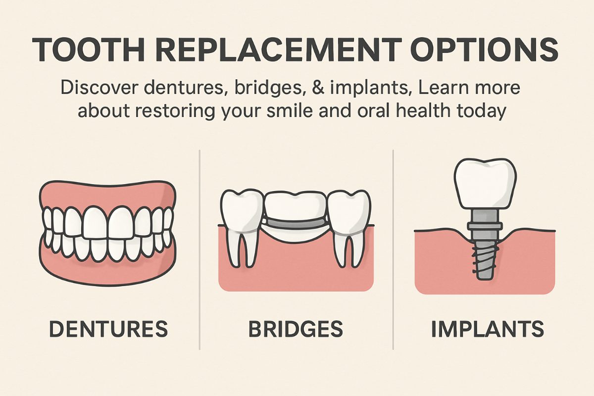 A diverse group of people smiling, showcasing different tooth replacement options: dentures, bridges, and implants. The image should highlight the natural look and feel of each option. No text on the image.