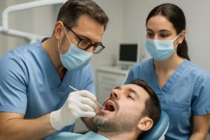 A periodontist carefully examines a patient's gums with a dental probe, while an assistant looks on. The setting is a modern dental office with advanced equipment visible in the background, and the image conveys expertise and care. No text on image.