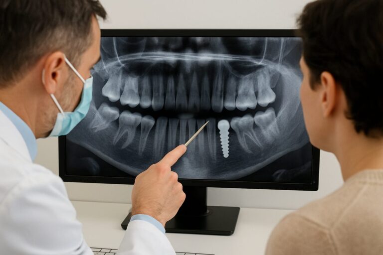 An image showing a close up of a dentist pointing to a dental implant x-ray on a computer screen while consulting with a patient. The x-ray highlights the integration of the implant with the jawbone. No text on the image.