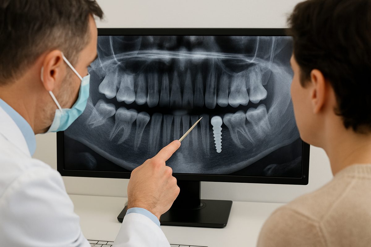 An image showing a close up of a dentist pointing to a dental implant x-ray on a computer screen while consulting with a patient. The x-ray highlights the integration of the implant with the jawbone. No text on the image.