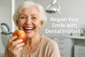 Photo of a smiling elderly woman with a full set of dental implants, confidently eating an apple. The background features a modern dental office setting. Text on the image says "Regain Your Smile with Dental Implants."