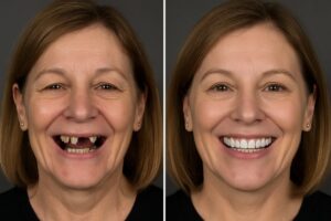 Image showcasing a before-and-after transformation of a patient's smile with full-mouth dental implants. The "before" side shows missing or damaged teeth, while the "after" side displays a complete, natural-looking set of teeth. No text on the image.