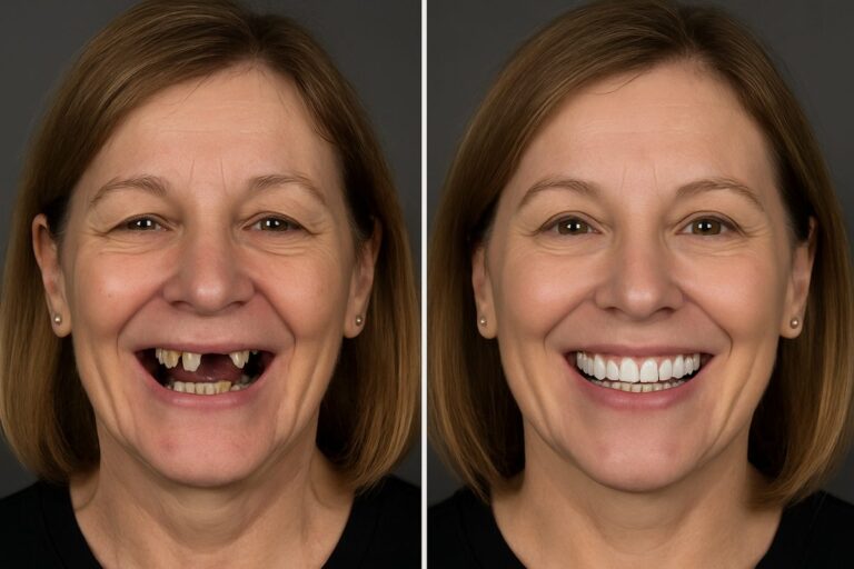 Image showcasing a before-and-after transformation of a patient's smile with full-mouth dental implants. The "before" side shows missing or damaged teeth, while the "after" side displays a complete, natural-looking set of teeth. No text on the image.