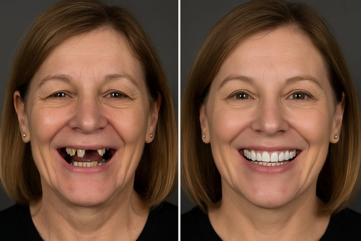 Image showcasing a before-and-after transformation of a patient's smile with full-mouth dental implants. The "before" side shows missing or damaged teeth, while the "after" side displays a complete, natural-looking set of teeth. No text on the image.