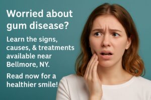 Close-up of a dentist gently examining a patient's gums with a probe, checking for signs of gum disease. No text on image.