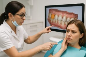 A concerned patient is in a dental chair with the dentist explaining the cost of a temporary crown. The dentist is pointing to a digital scan of the patients mouth. No text on image.