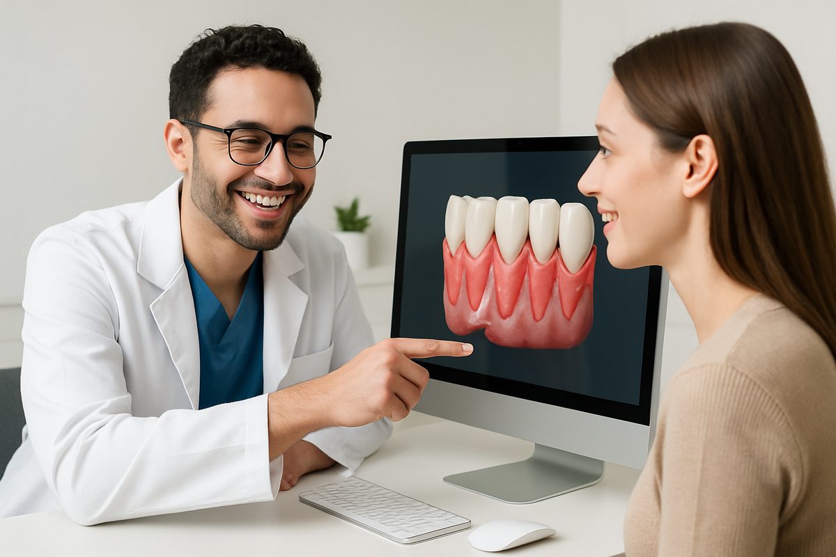 A smiling periodontist is consulting with a female patient about gum recession treatment options while pointing at a 3D model of her mouth on a computer screen. No text on the image.