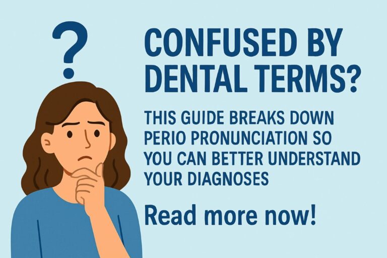 A friendly dentist is shown patiently teaching a child how to pronounce "periodontal" using flashcards with phonetic breakdowns. The text on the image reads "Perio Pronunciation Made Easy!"