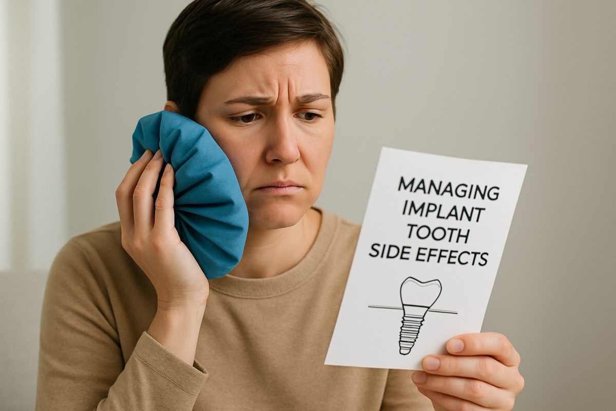 A concerned patient holds an ice pack to their cheek after dental implant surgery, looking at a pamphlet titled "Managing Implant Tooth Side Effects" No text on image.