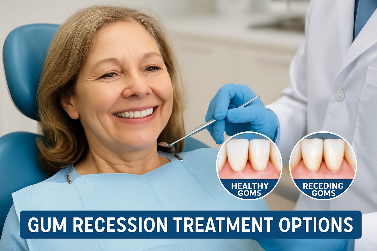 Photo of a smiling middle-aged woman in a dental chair, with a dentist pointing to her lower gums with a dental instrument. The image should highlight healthy gums versus receding gums, with text overlay "Gum Recession Treatment Options."