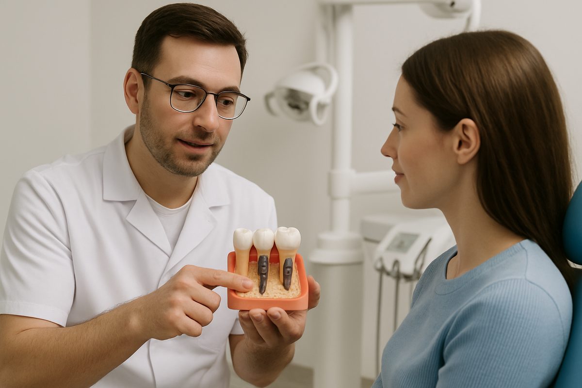 Image of a dentist explaining the safety of dental implants to a patient using a model of a jaw with implants. The dentist is pointing to the implant, highlighting its integration with the jawbone. No text on the image.