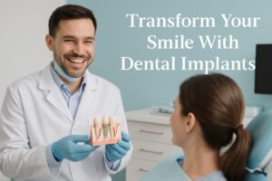 Image of a dentist smiling while consulting with a patient about dental implants. Text on image says "Transform Your Smile With Dental Implants."