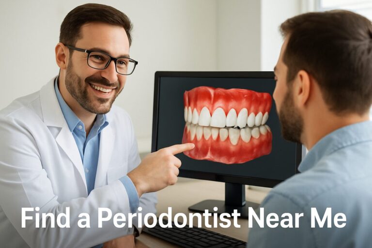 A friendly periodontist is consulting with a patient, pointing to a 3D scan of their teeth and gums on a monitor. Text on the image says "Find a Periodontist Near Me."