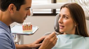Dentist consulting with a patient discussing gum health in a modern office