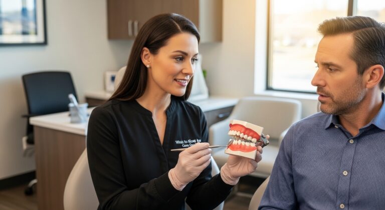 Dentist explaining gum graft surgery to a patient in a modern dental office