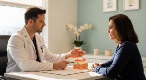 Periodontist consulting patient about receding gums treatment