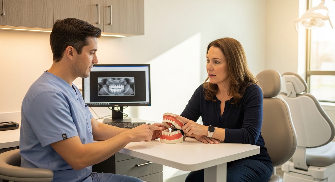 Periodontist consulting patient about gum recession treatments